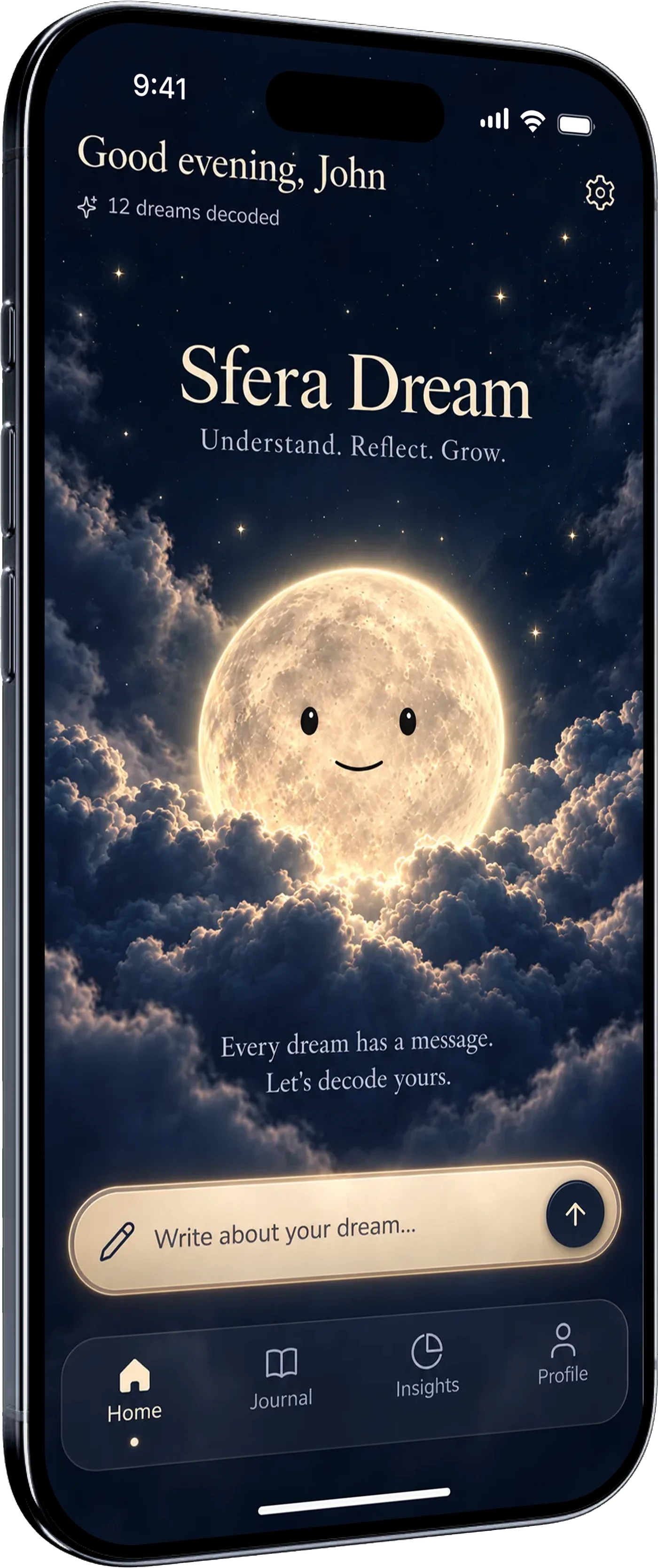 Sfera app home screen with tonight's sky, the Dream moon and a dream entry field